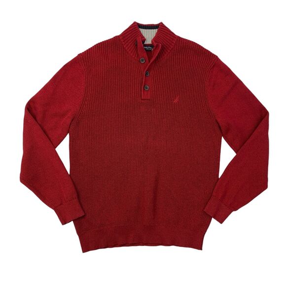 Nautica Sweater Mens L Large Ruby Red Cotton Knit Pullover Mock Neck Christmas - Picture 1 of 13